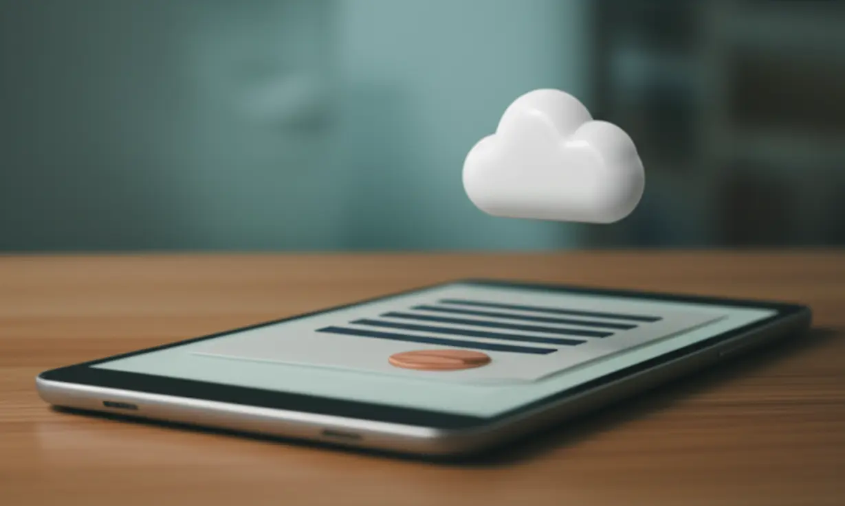 전자계약의-편리함을-보여주는-귀여운-3D-이미지입니다.-태블릿-화면에-나타난-계약서와-클라우드-저장-아이콘이-있어,-디지털-계약서의-자동-보관-기능을-설명합니다.