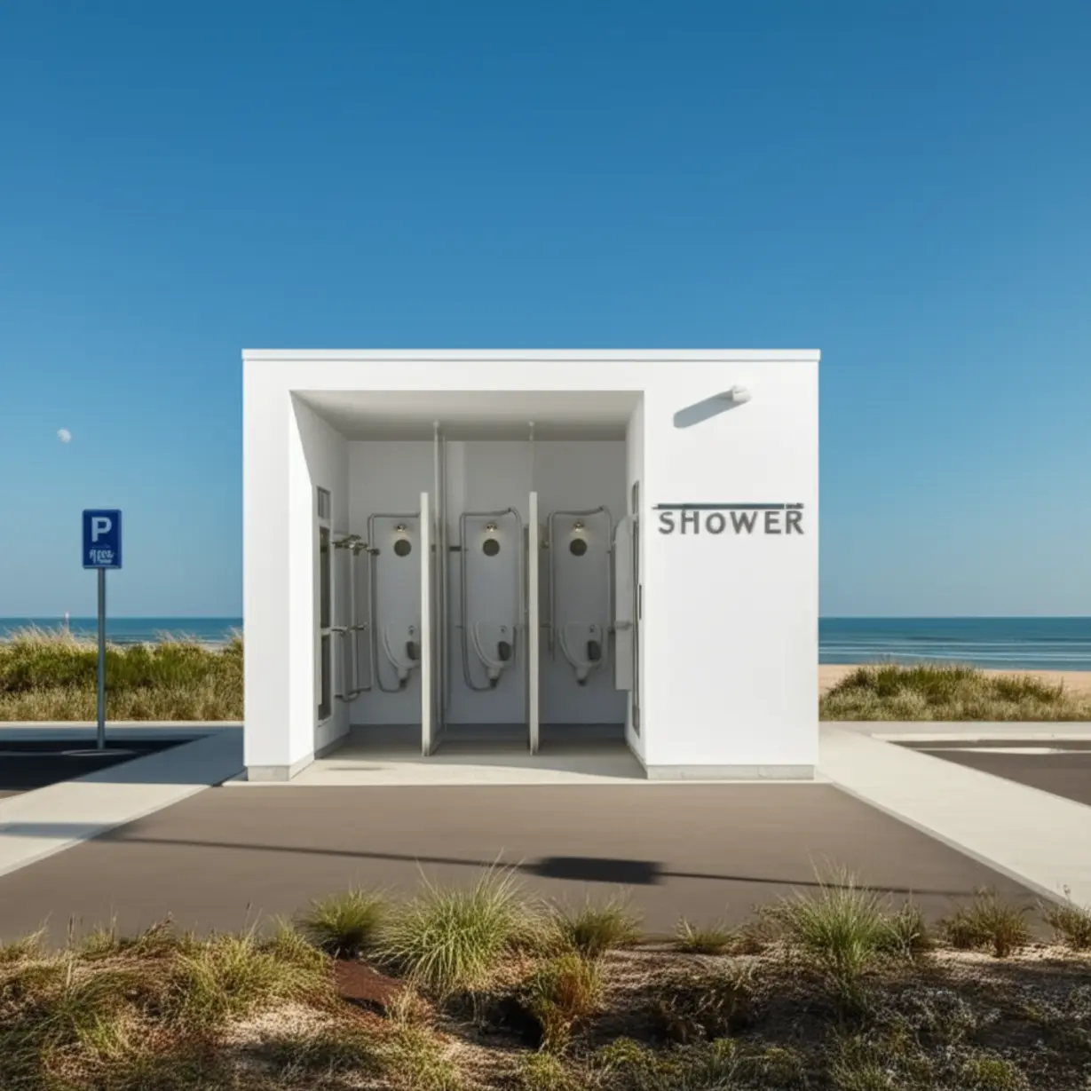 거제-옥계-해수욕장의-깨끗한-화장실과-샤워시설,-주차장.-해변과-가까워-편리하게-이용할-수-있는-모습.