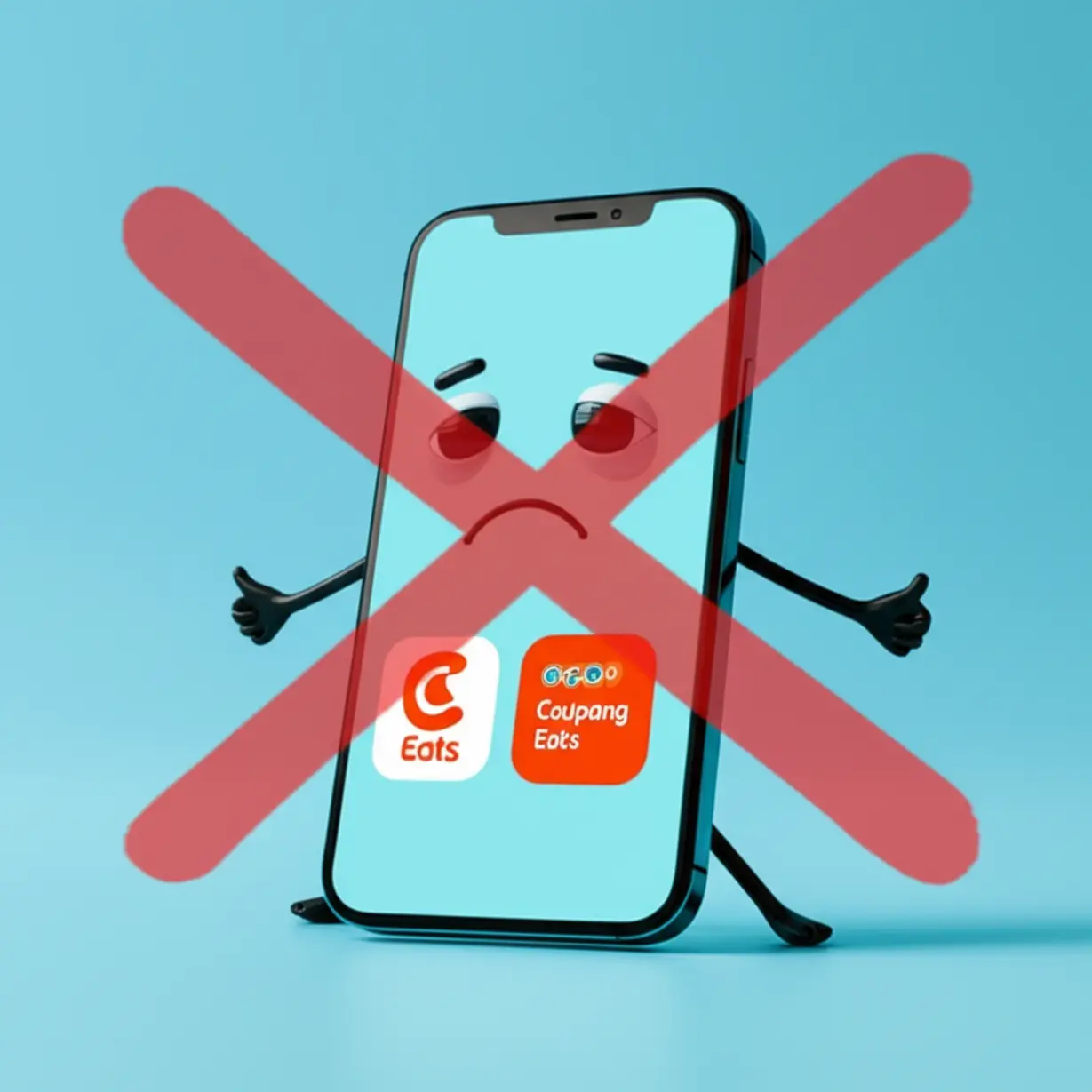 쿠팡이츠-앱에서-민생회복지원금-사용이-불가함을-상징하는-귀여운-스마트폰과-사용-불가-표시가-있는-신용카드-그림