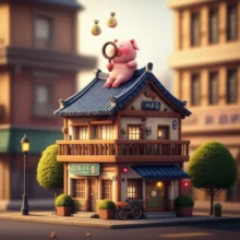 아파트-옥상에-앉은-귀여운-저금통이-돋보기로-돈주머니를-살펴보는-모습.-무주택자-전세자금대출과-부동산-정보를-탐색하는-모습을-표현.