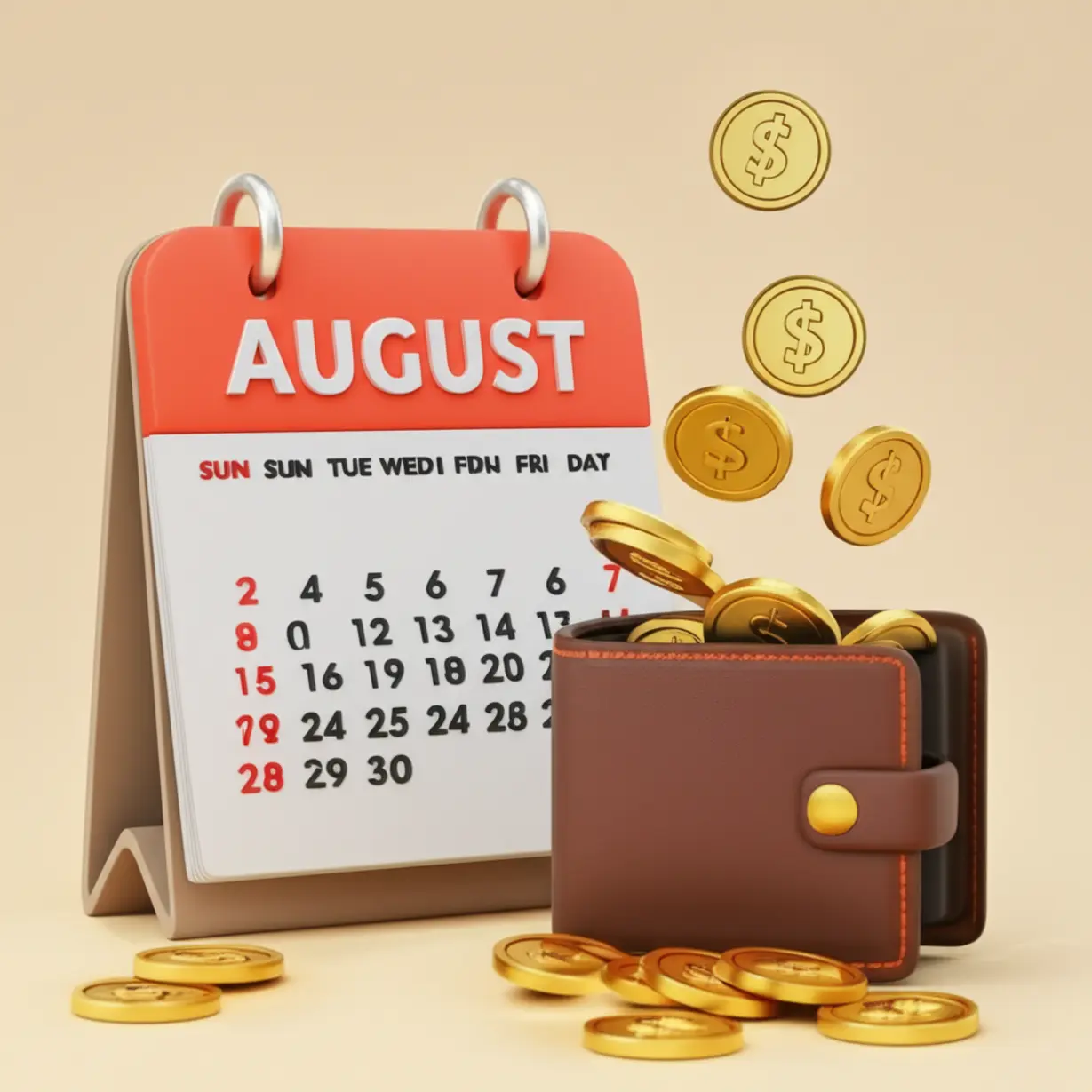 8월이-강조된-3D-달력과-지갑에-떨어지는-동전들,-경기도-청년복지포인트-2차-모집-일정과-지원금을-나타냅니다.