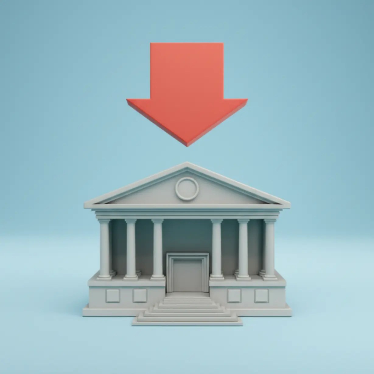 미국-연방준비제도(연준)의-9월-금리-인하-가능성을-상징하는-귀여운-3D-은행-건물과-아래-화살표-이미지.-금리-정책-변화에-대한-기대감을-시각적으로-표현합니다.