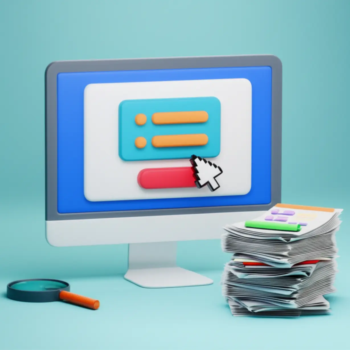 컴퓨터-화면의-신청서와-서류,-돋보기가-있는-3D-이미지,-경기도-청년복지포인트-신청-방법과-서류-준비를-보여줍니다.