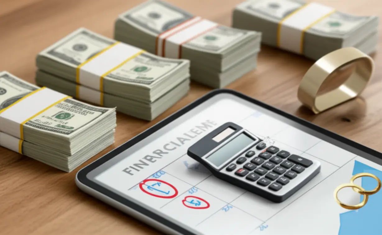 깔끔한-3D-재무-설계사의-책상-위에-돈다발,-계산기,-달력,-그리고-얽힌-반지-두-개가-놓여있는-이미지입니다.-부부-증여세-절세를-위한-현명하고-체계적인-계획을-상징하며,-전문적이고-신뢰감을-줍니다.