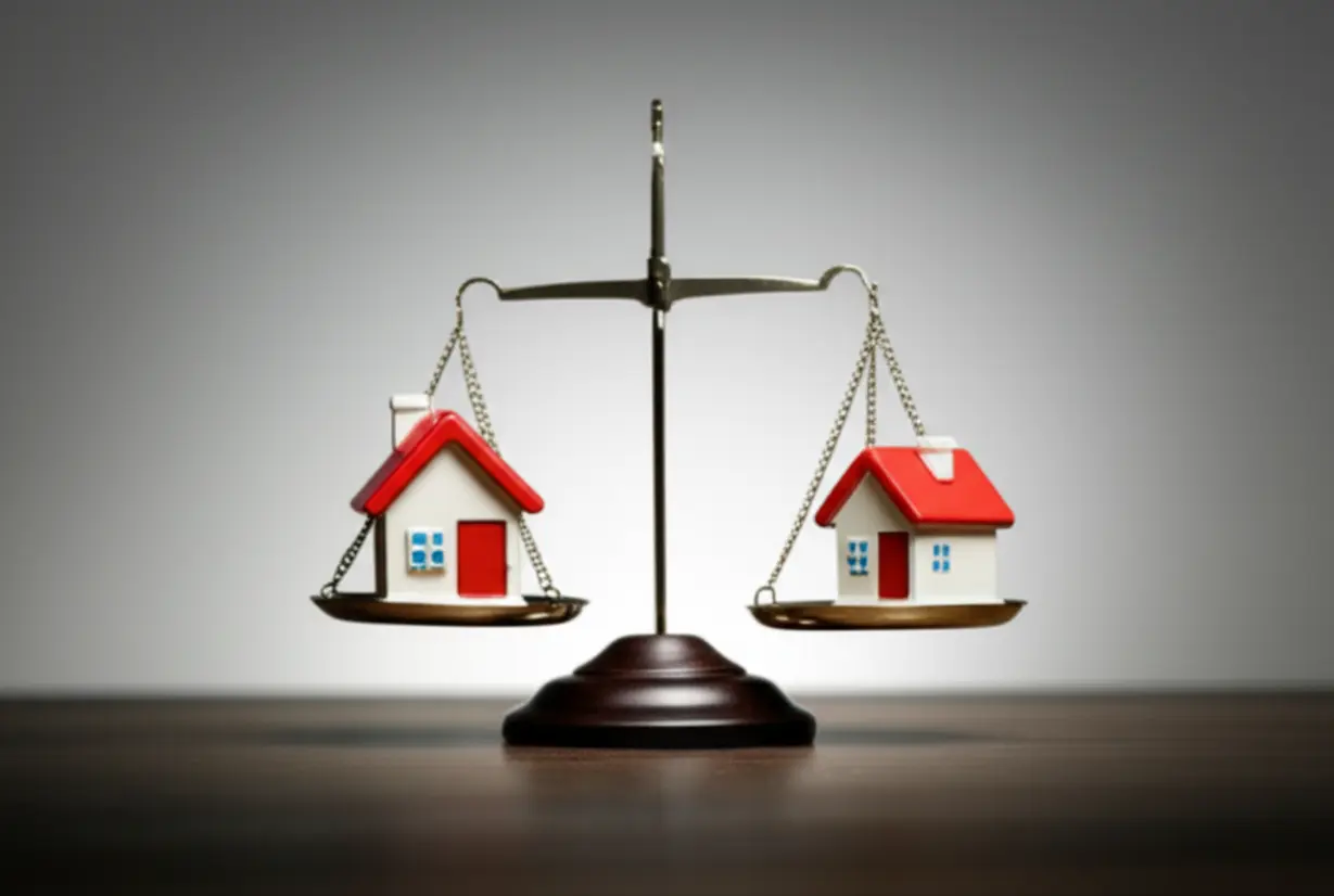 주변-아파트-시세-비교를-나타내는-귀여운-3D-저울-위에-두-개의-작은-집-모형이-놓여-있습니다.-투자-가치-분석에-도움을-줍니다.