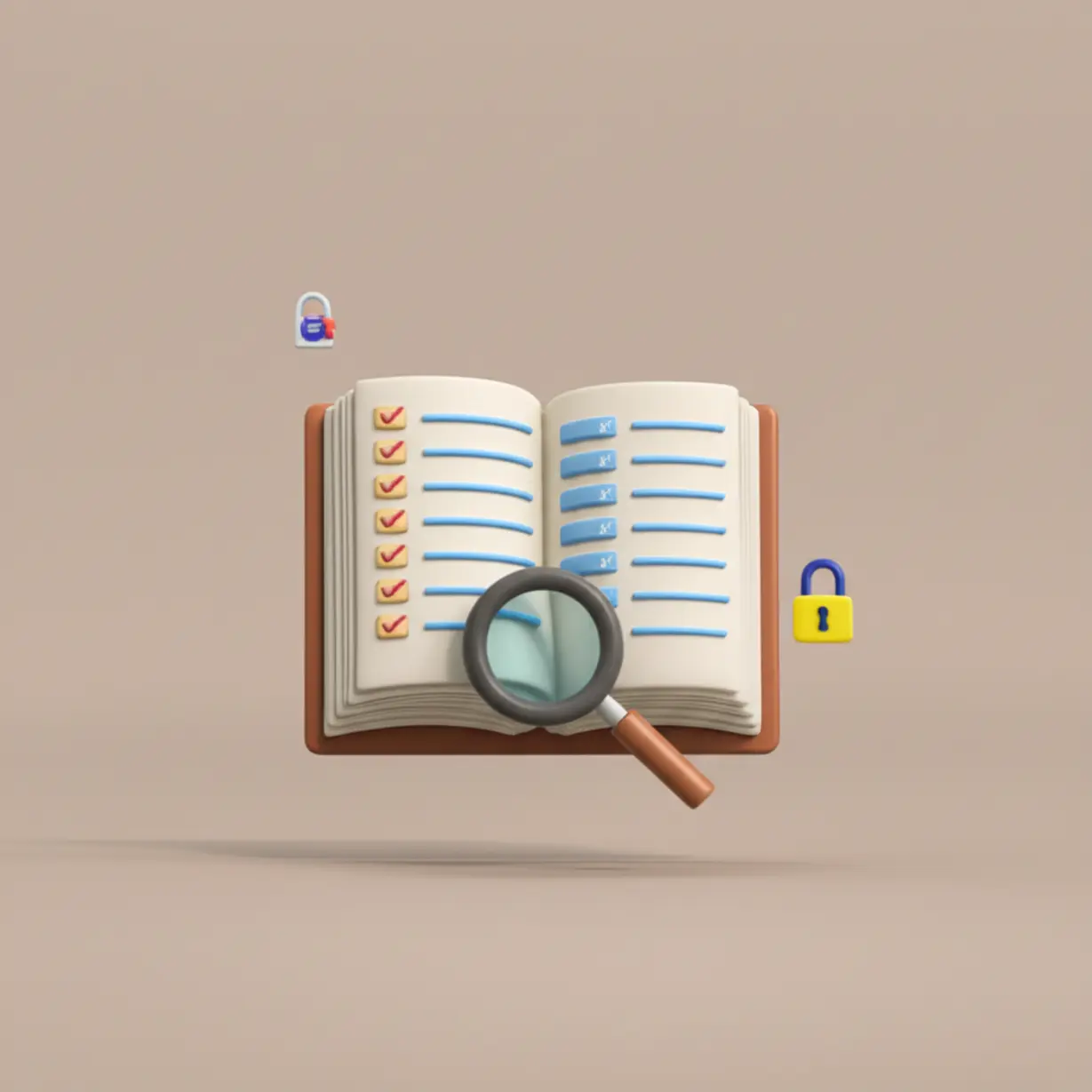 정돈된-숫자와-체크-표시가-있는-귀여운-3D-장부가-열려-있고,-그-옆에-돋보기가-놓여있는-이미지입니다.-부부-증여-거래-시-기록-관리와-안전한-처리가-중요함을-강조하며,-신뢰와-정확성을-표현합니다.