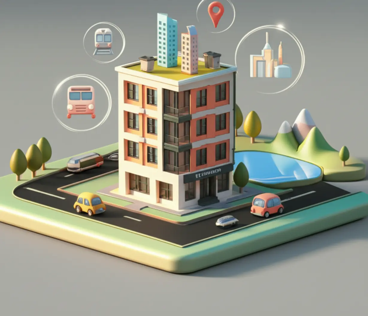 과천주암-C2-신혼희망타운의-편리한-입지를-나타내는-아기자기한-지도-그림.-서울-접근성,-교통,-자연환경-등-주요-장점들이-아이콘으로-표시되어-있습니다.