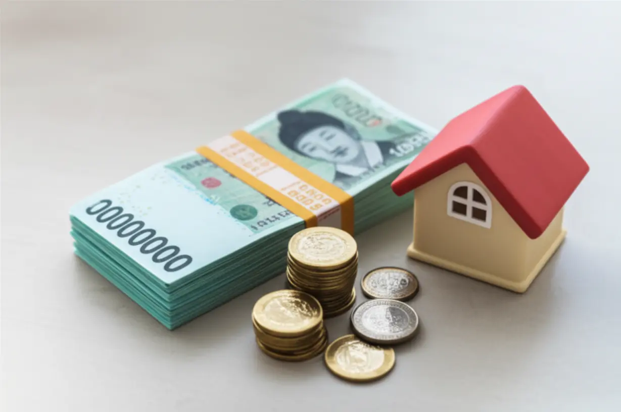 분양가와-납부-계획을-상징하는-귀여운-3D-한국-원화-지폐와-동전,-그리고-작은-집-모양이-함께-있습니다.-자금-계획을-세우는-데-도움을-줍니다.