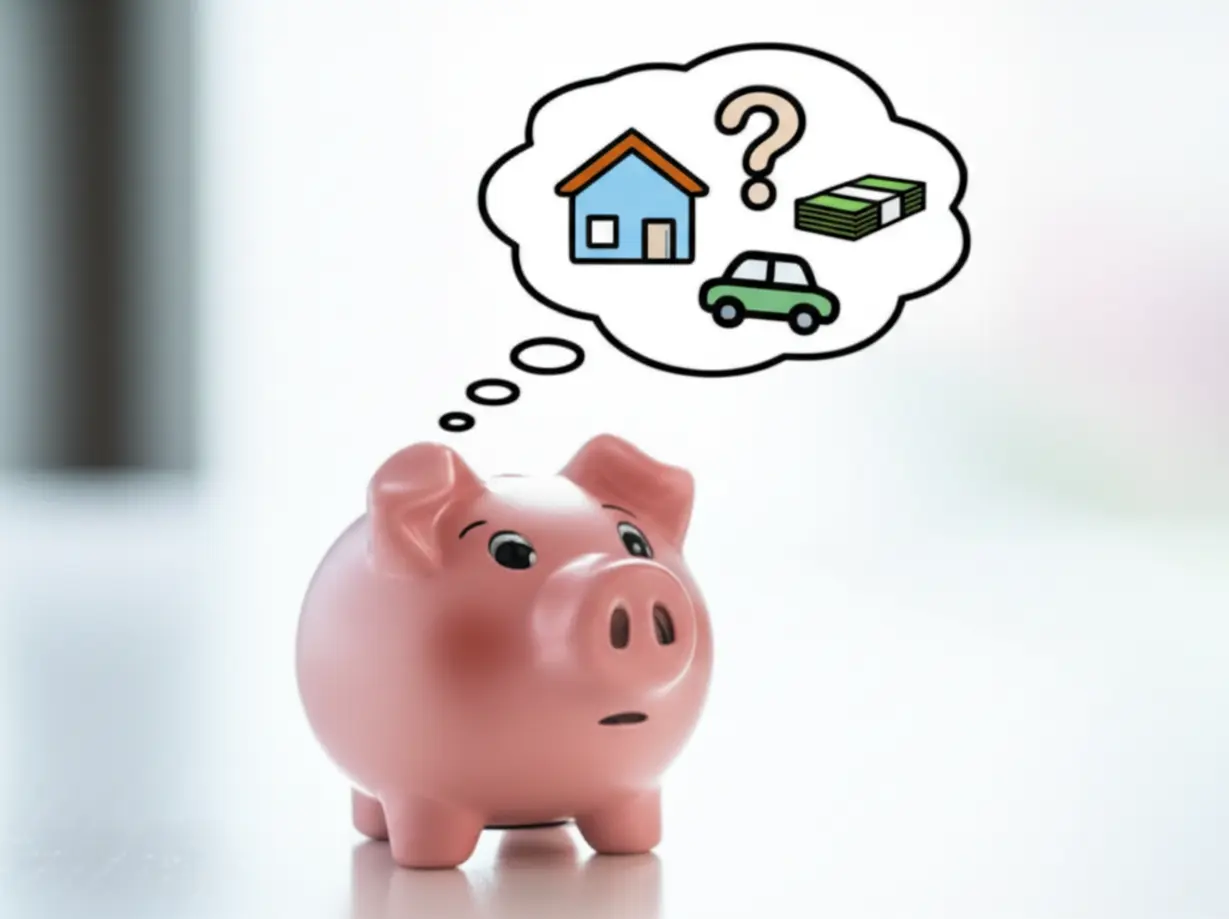 생각하는-귀여운-3D-돼지-저금통-위에-집,-자동차,-돈다발-아이콘과-물음표가-있는-이미지입니다.-가족-간-금전-거래에-대한-오해와-궁금증을-상징하며,-친근하고-밝은-느낌을-줍니다.
