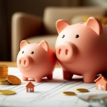 귀여운-3D-돼지-저금통-두-개가-서로-기대어-있는-모습,-그-주위에-빛나는-금화와-작은-집-모형이-놓여있습니다.-부부-재산-관리와-증여세-절세를-상징하는-포근하고-안전한-분위기의-이미지입니다.