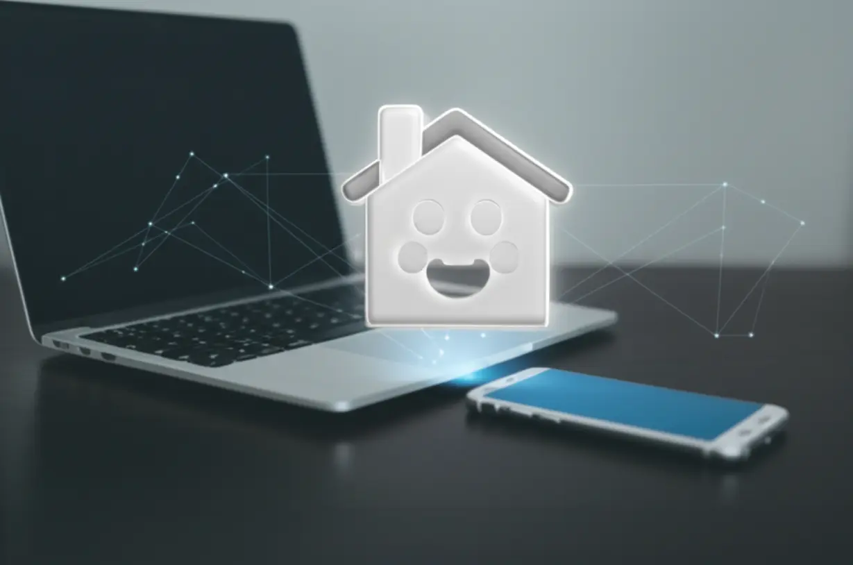 귀여운-3D-주택-아이콘이-빛나는-스마트폰과-노트북-위에-떠-있는-모습.-디지털-선들이-연결되어-온라인-부동산-계약을-상징하며,-편리하고-현대적인-계약-방식을-보여줍니다.