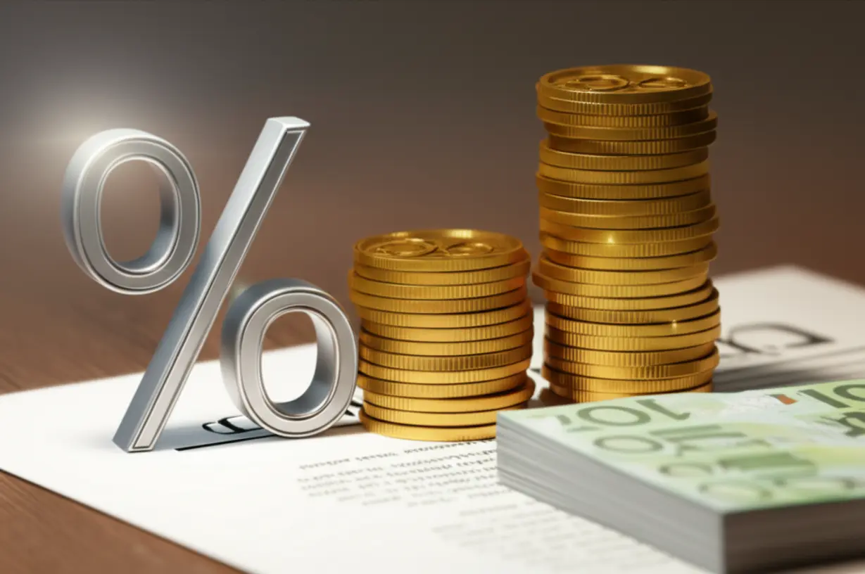 귀여운-3D로-표현된-동전이나-지폐-더미-옆에-빛나는-퍼센트(%)-기호가-있는-이미지.-주택이나-계약서-위에-놓여-있어-부동산-전자계약의-대출-금리-혜택과-절약-효과를-시각적으로-보여줍니다.