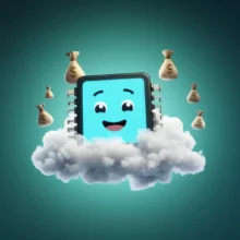 파란색과-초록색-그라데이션-배경-위-구름에-앉아-빛나는-귀여운-3D-인공지능-반도체-칩-이미지입니다.-주변에-작은-3D-돈주머니-아이콘들이-떠다니며-성장을-상징합니다.-퓨리오사AI-기업-가치-상승을-표현하는-그림입니다.