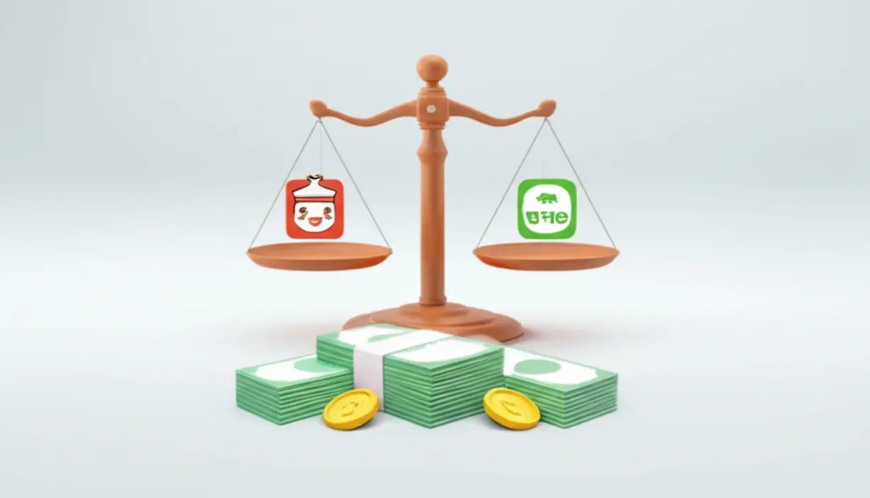 민생회복지원금-배달앱-사용법을-비교하고-요약한-내용을-상징하는-귀여운-저울과-배달앱-로고,-현명한-소비를-나타내는-돈-더미-그림