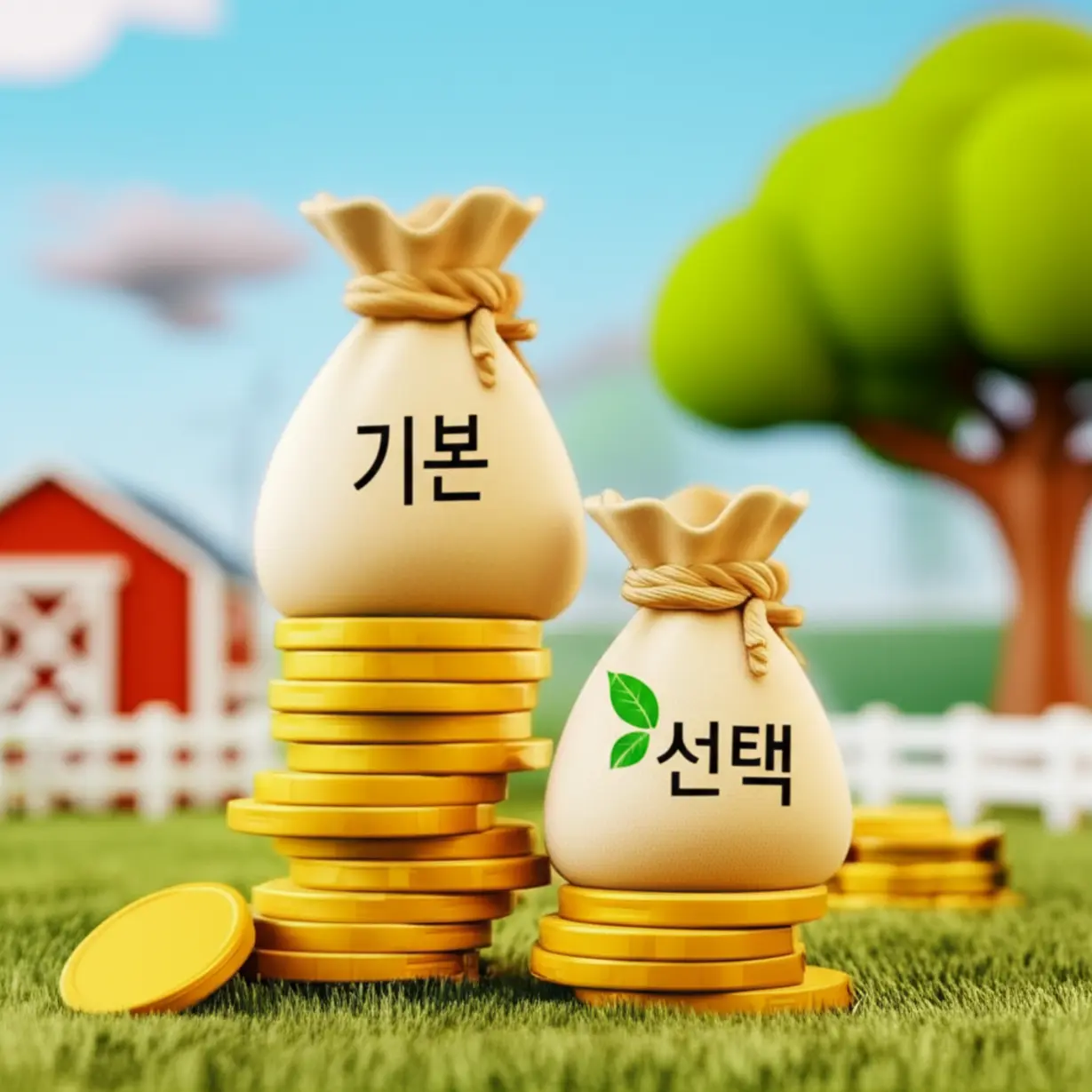 기본형-직불금과-선택형-직불금의-종류를-표현한-두-종류의-동전-꾸러미-3D-이미지,-농업인-혜택-상세-안내