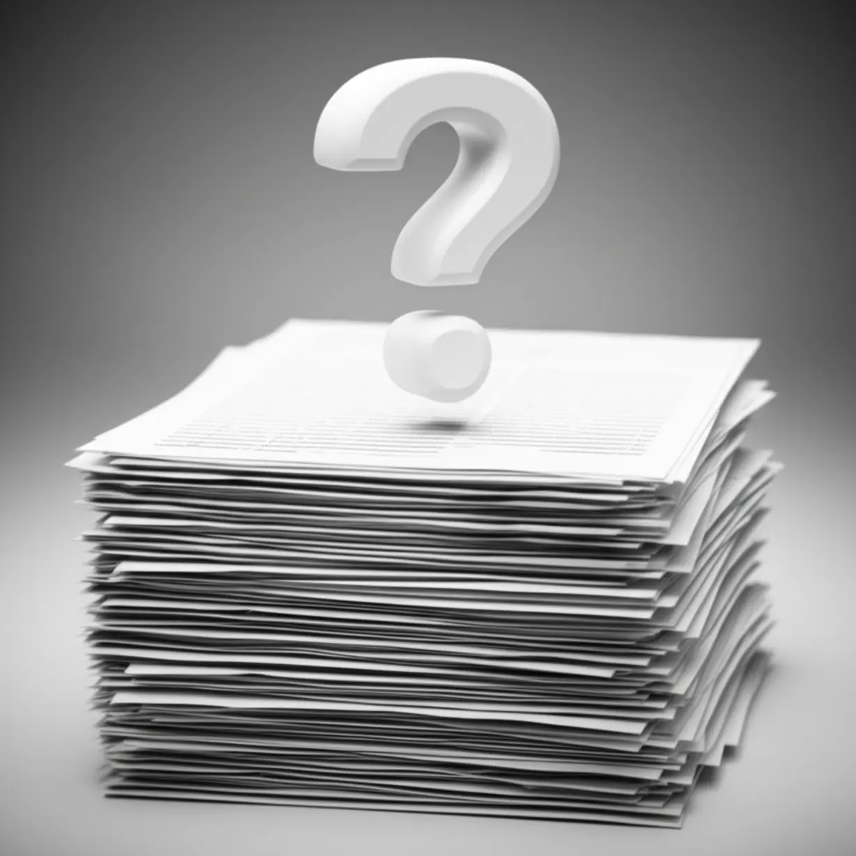 공식-문서-뭉치-위에-떠-있는-물음표-3D-이미지로,-무주택확인서의-정확한-의미와-서류의-정체를-궁금해하는-모습을-표현합니다.