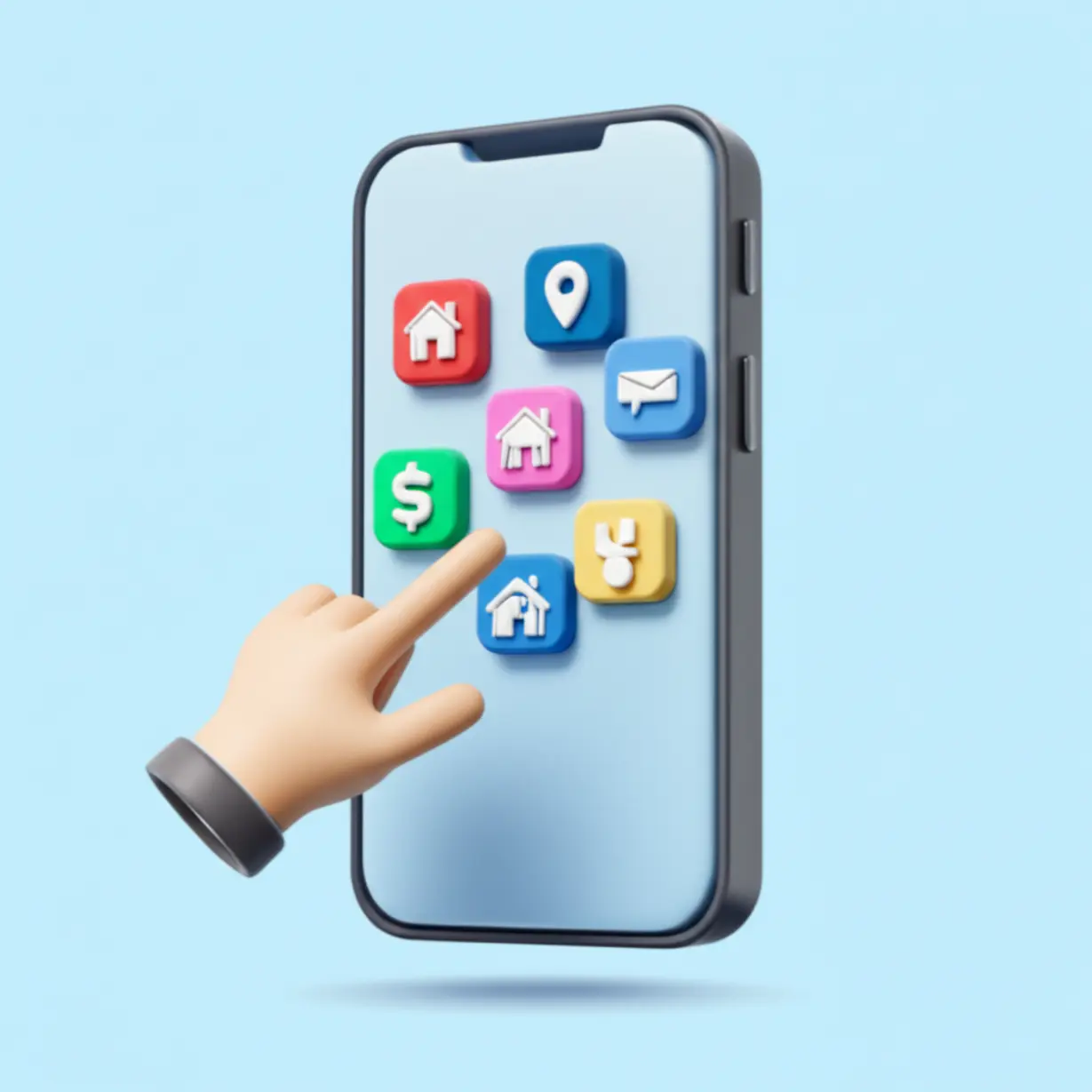 스마트폰-화면에-부동산-및-금융-관련-앱-아이콘이-표시된-3D-그림.-주택임대사업자-보증보험-간편-신청-방법을-나타냅니다.