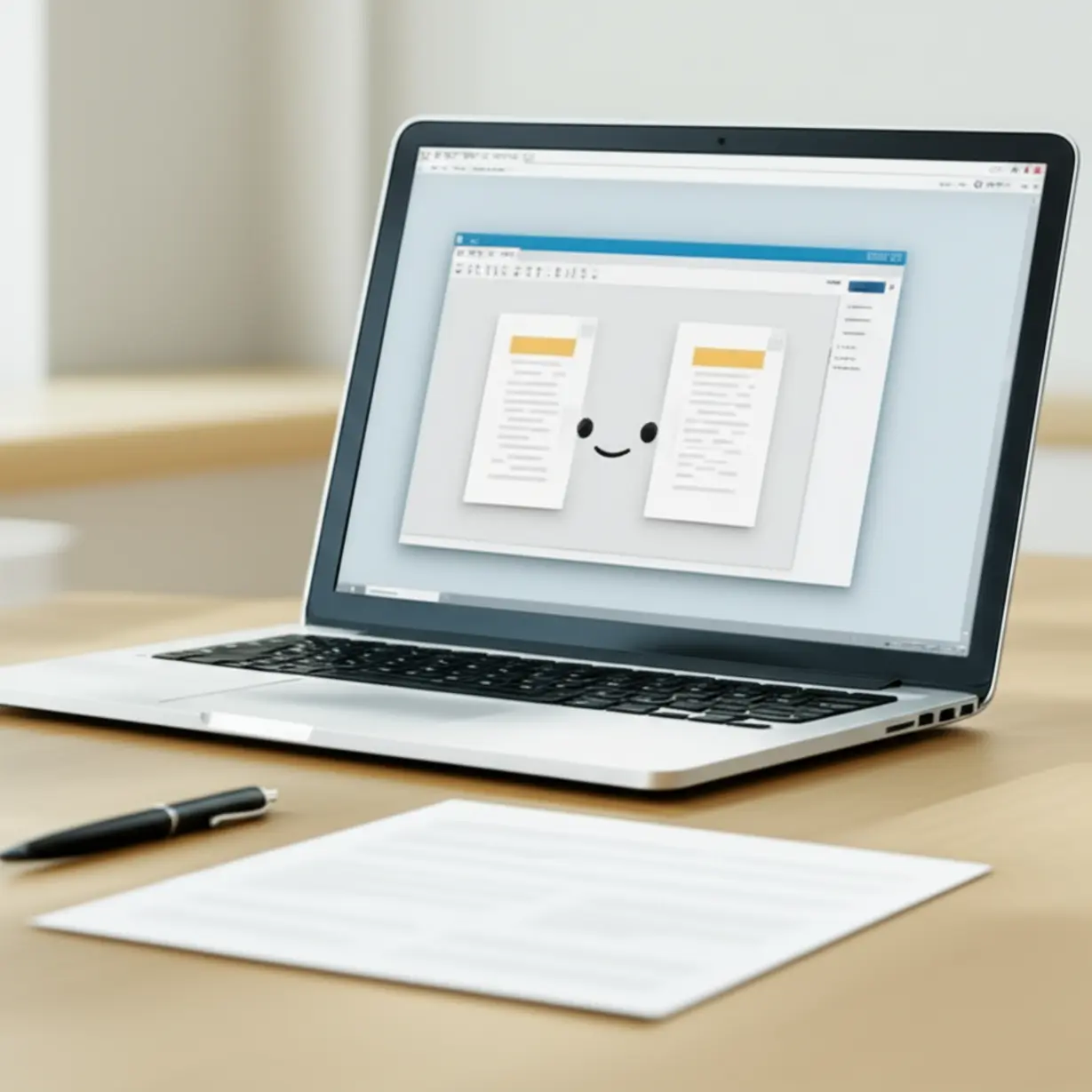 노트북-화면에-내용증명-작성-화면과-펜,-문서-작성-과정을-보여주는-이미지