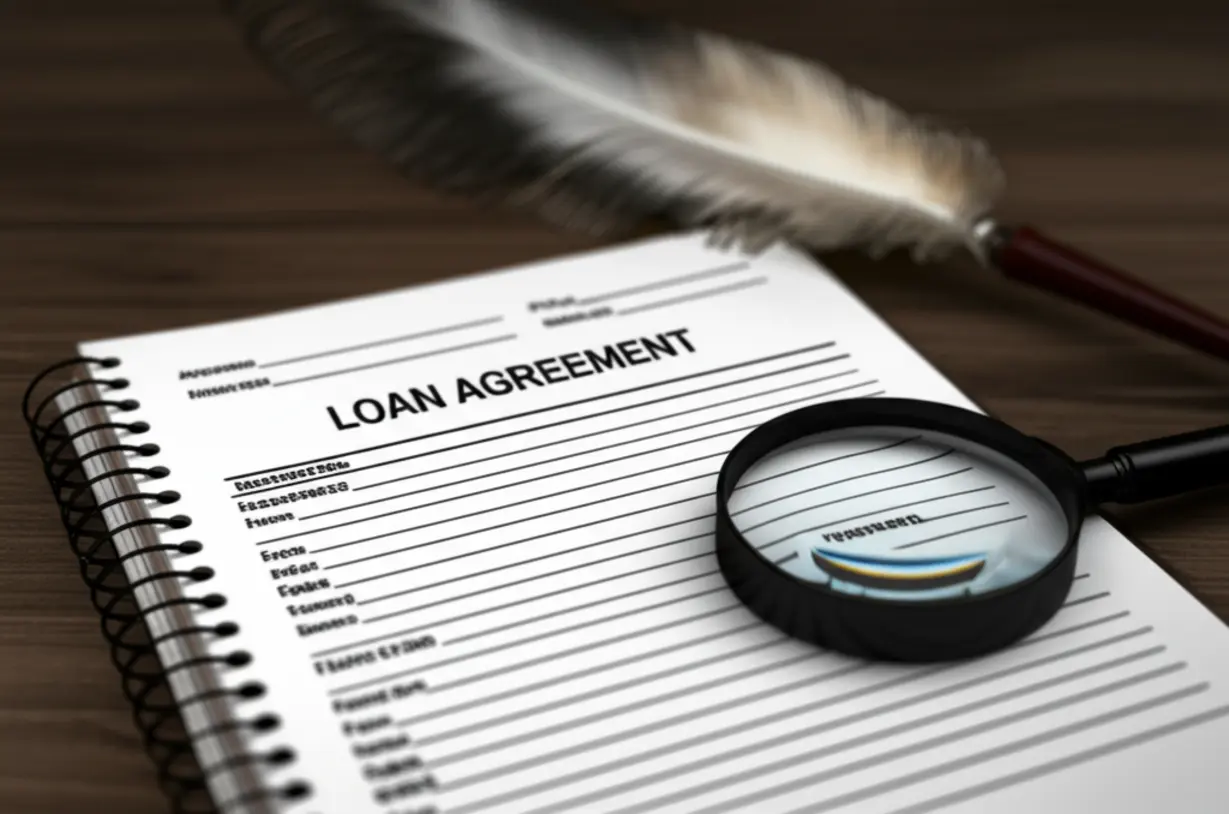 깃털-펜과-깨끗하게-분류된-차용증-양식이-있는-공책,-돋보기가-놓인-귀여운-3D-책상-이미지.-차용증의-필수-항목들을-꼼꼼하게-작성하는-방법을-상징합니다.