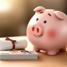 귀여운-3D-돼지-저금통-옆에-한국-지폐-몇-장과-리본으로-묶인-계약서-두루마리가-놓여-있는-모습.-가족-간-돈거래와-차용증-작성의-중요성을-상징적으로-나타냅니다.