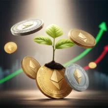 황금색-비트코인과-은색-이더리움-코인이-떠오르는-모습,-그-위로-새싹이-자라나는-귀여운-3D-이미지.-안정적인-코인-투자와-자산-증식-기회를-표현한-그림.