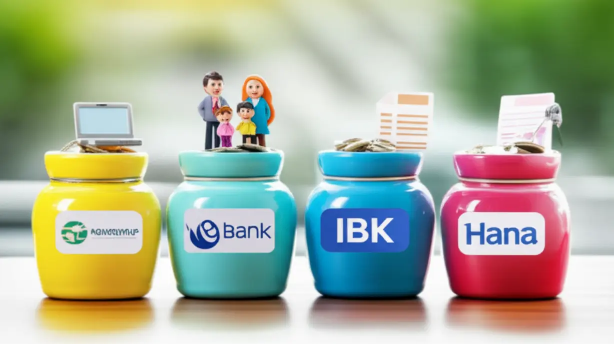 농협,-우리,-기업,-하나은행을-상징하는-귀여운-저금통-네-개와-그-안의-다양한-동전-및-우대-조건을-나타내는-작은-상징물들.-은행별-전세-대출-금리와-혜택-비교를-표현.