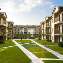 김해-신축-아파트-단지-전경.-푸른-잔디와-나무가-어우러진-현대적인-건물들이-편안하고-안정적인-내-집-마련의-꿈을-상징합니다.