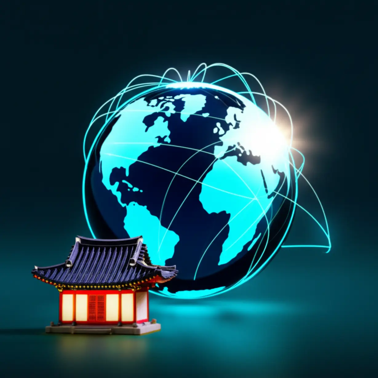 세계-지도를-배경으로-복잡하게-얽힌-무역-경로와-움직이는-톱니바퀴가-보입니다.-한편에는-한국-전통-가옥인-한옥이-굳건히-서-있어,-변화하는-세계-경제-속에서-우리의-현명한-대비를-상징합니다.