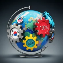 글로벌-무역-재편을-상징하는-지구본과-반도체-기어.-미국-관세-정책과-세계-경제-변화를-보여줍니다.