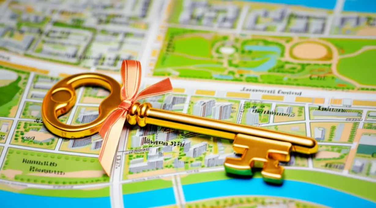 잠실-르엘-아파트의-로또-분양-가치를-상징하는-금색-열쇠와-지도로,-잠실의-뛰어난-입지와-투자가치를-보여줍니다.-잠실-재건축-로또분양-핵심.