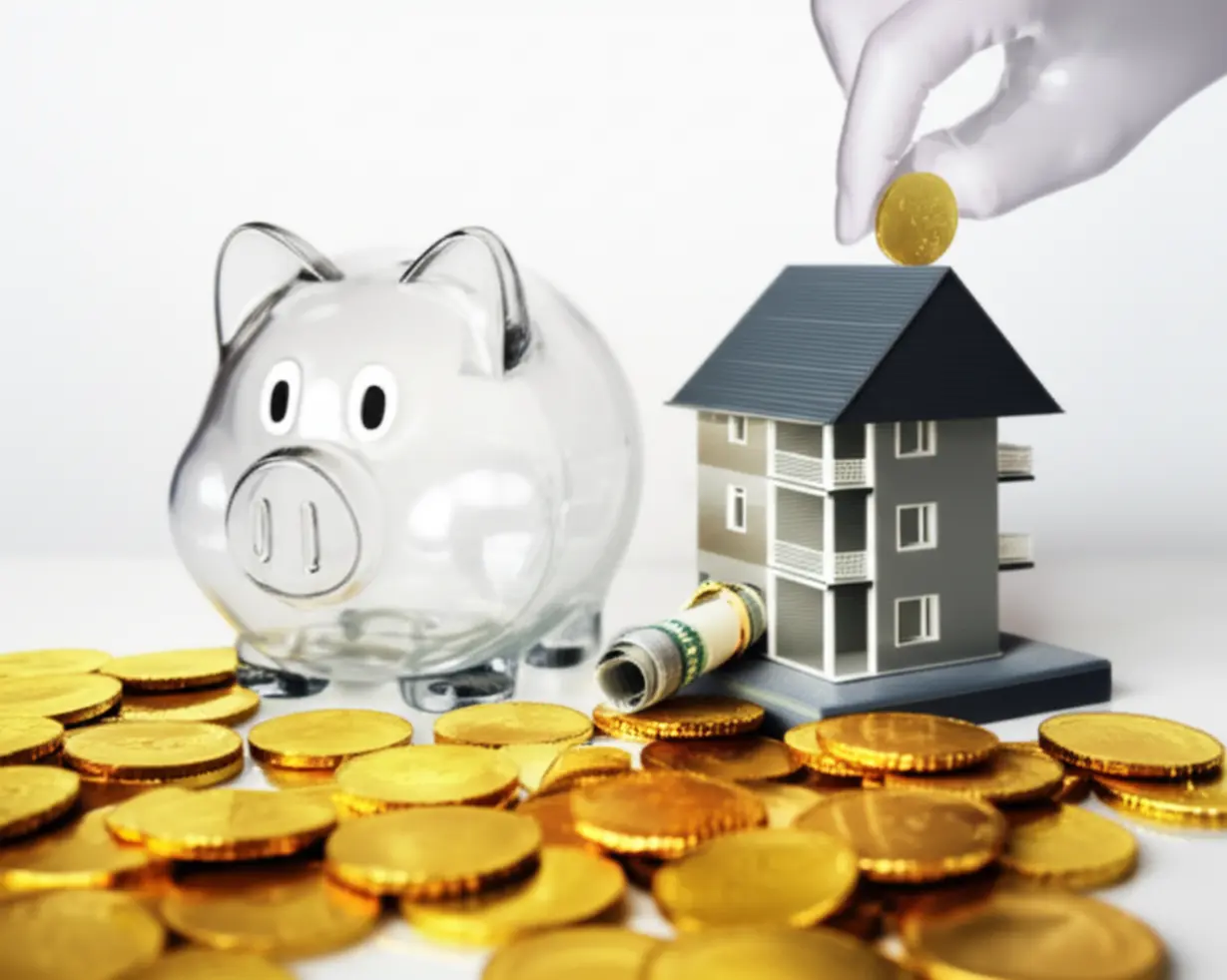 새-아파트-모형과-돼지-저금통,-그리고-국채가-놓인-3D-이미지.-채권입찰제의-개념과-숨겨진-세금-효과를-표현합니다.