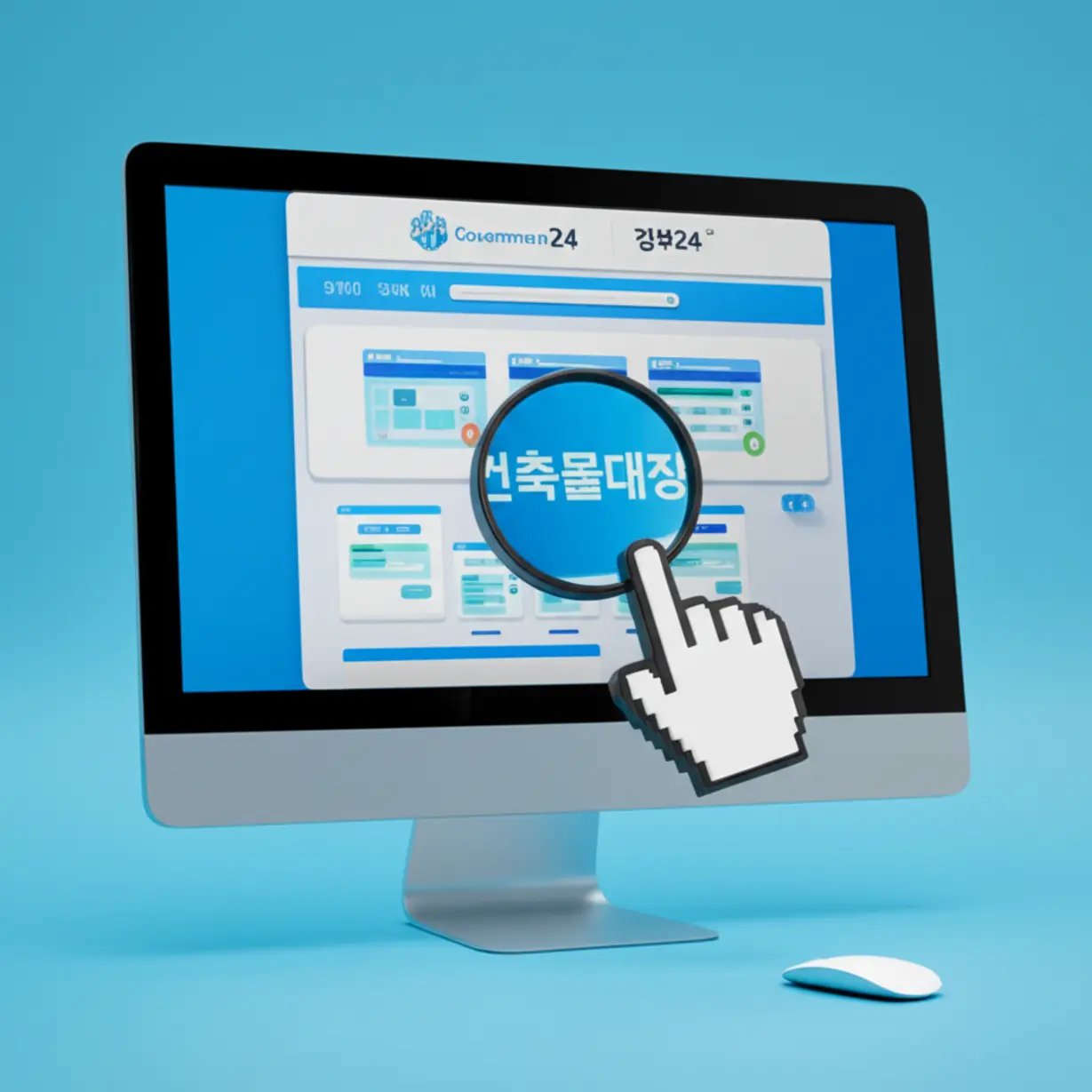 정부24-웹사이트에서-건축물대장-메뉴를-클릭하는-귀여운-3D-컴퓨터-화면.-온라인-발급-및-열람의-시작을-보여줍니다.