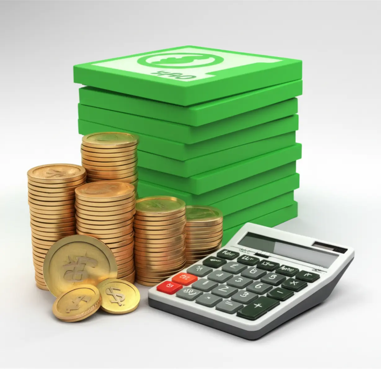 안정적으로-쌓인-동전과-지폐-더미-옆에-놓인-귀여운-3D-계산기-이미지.-조기-은퇴-자금-목표를-계산하는-과정을-보여줍니다.