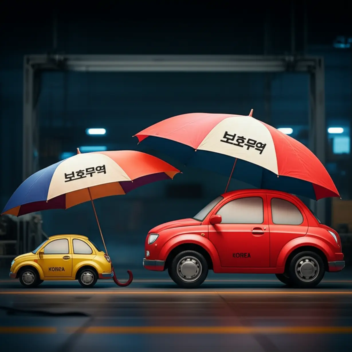 보호무역-우산-아래-성장하는-한국과-중국-자동차-산업을-귀엽게-묘사한-3D-그림.-자국-산업-육성-전략을-보여줍니다.