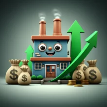 한라캐스트-공모주-투자를-상징하는-귀여운-3D-공장-건물과-돈-주머니,-위로-향하는-화살표가-있는-이미지.-주식-상장과-투자의-성공을-나타냅니다.