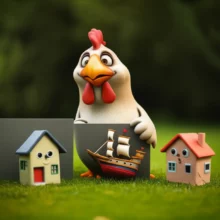 친근한-닭-모양의-하림-캐릭터가-작은-배를-든-채-LS-그룹의-벽-너머를-살피고,-호반을-상징하는-집이-옆에서-지켜보는-귀여운-3D-일러스트-이미지입니다.-하림-팬오션과-호반그룹의-LS-지분-투자-동맹-가능성을-암시합니다.