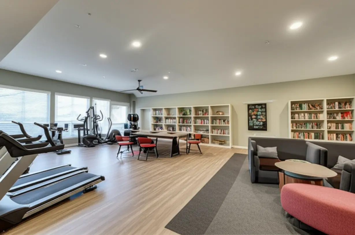 호현-센트럴-아이파크-입주민을-위한-스마트한-커뮤니티-시설.-쾌적한-피트니스센터와-독서-공간이-어우러진-현대적인-아파트-내부-모습.
