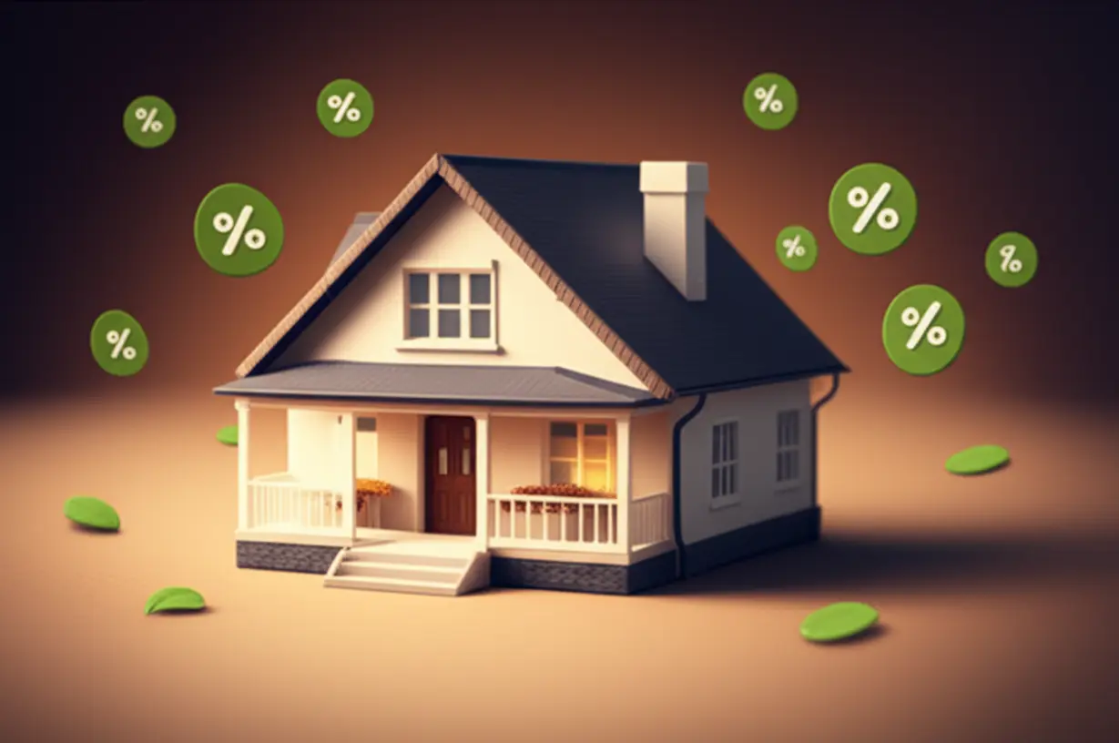 따뜻한-느낌의-단독-주택-모형-주위에-초록색-나뭇잎과-할인-표시가-있는-모습.-주택-취득세-감면-혜택을-상징적으로-보여줍니다.