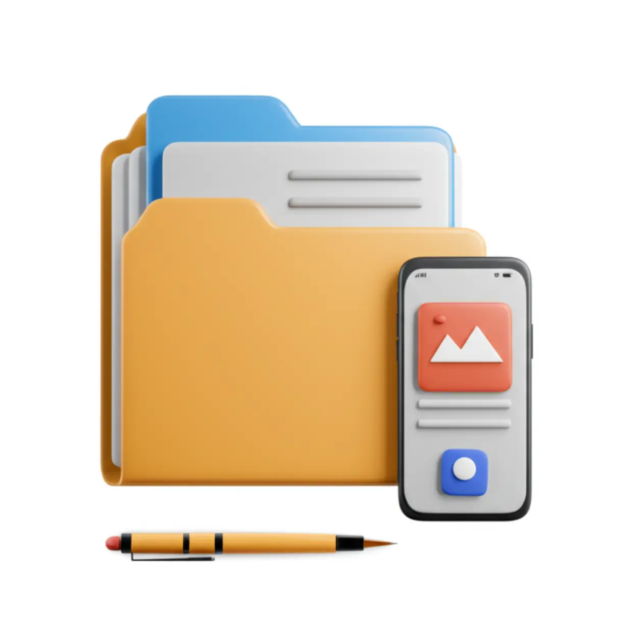 기초연금-신청-방법-및-필요-서류-준비,-폴더와-서류,-스마트폰-아이콘-이미지.