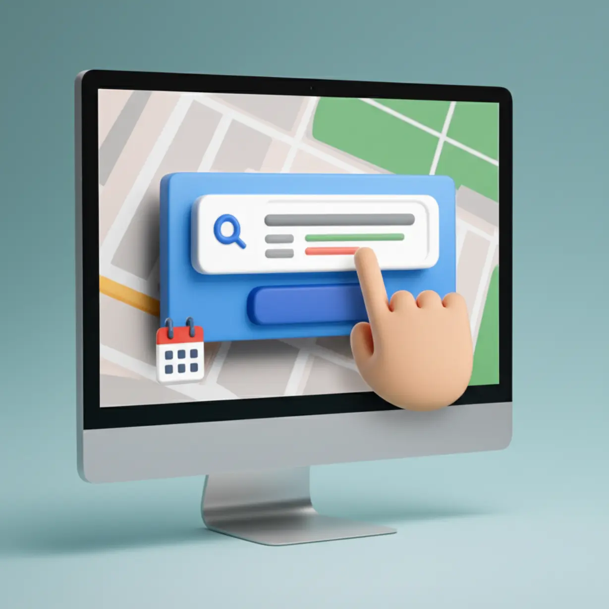 컴퓨터-화면에-토지-정보를-검색하는-웹사이트가-열려-있고,-주소-입력창을-가리키는-손가락-모양-아이콘이-있는-3D-이미지.-토지이음-사용법을-쉽게-보여줍니다.