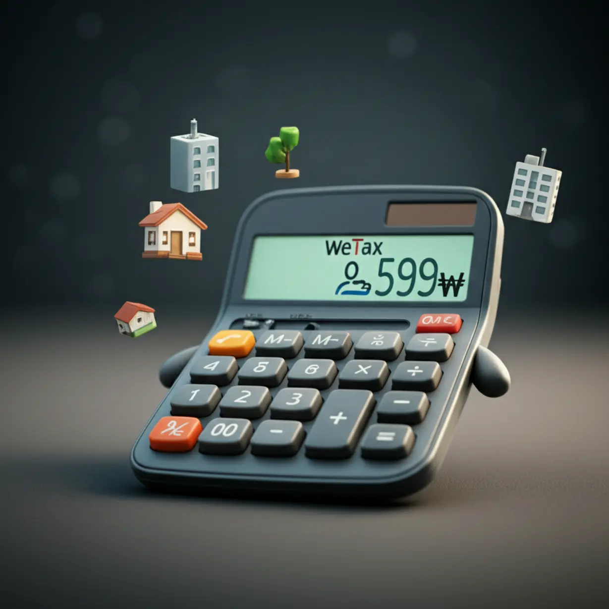위택스-로고가-있는-귀여운-계산기-모형과-주택,-아파트,-오피스텔-아이콘이-떠-있는-모습.-취득세-계산기-활용의-편리함을-보여줍니다.
