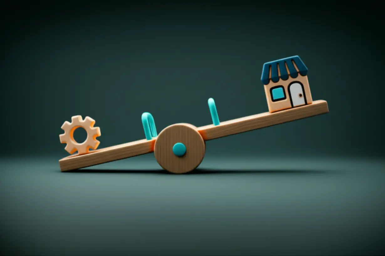 최저임금-인상이-노동자와-소상공인에게-미치는-영향을-상징하는-저울,-고용-시장의-균형을-나타냅니다.