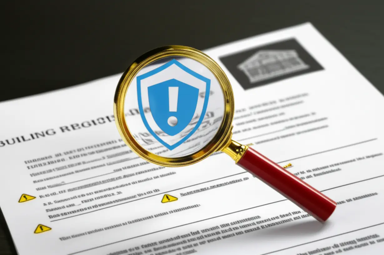 돋보기로-건축물대장을-자세히-살펴보며-위험-요소를-미리-파악하는-귀여운-3D-그림.-서류-확인의-중요성을-나타냅니다.