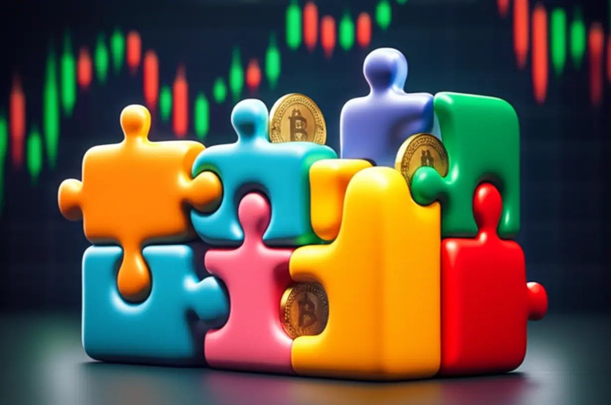 서로-맞물려-돌아가는-귀여운-기어-모양과-그-사이에-놓인-코인들의-3D-그림.-코인-시장의-긍정적인-변화와-미래-전망을-보여줍니다.