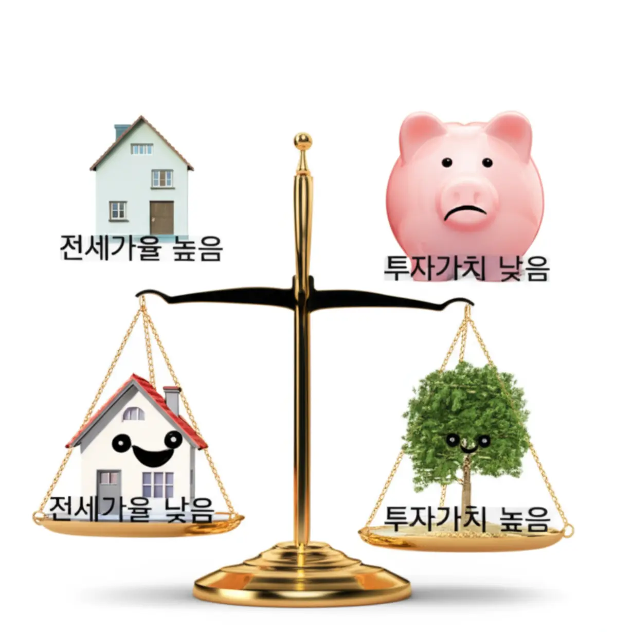 전세가율과-투자가치-관계를-저울로-표현한-귀여운-3D-이미지.-전세가율이-부동산-투자-가치를-어떻게-나타내는지-보여줍니다.