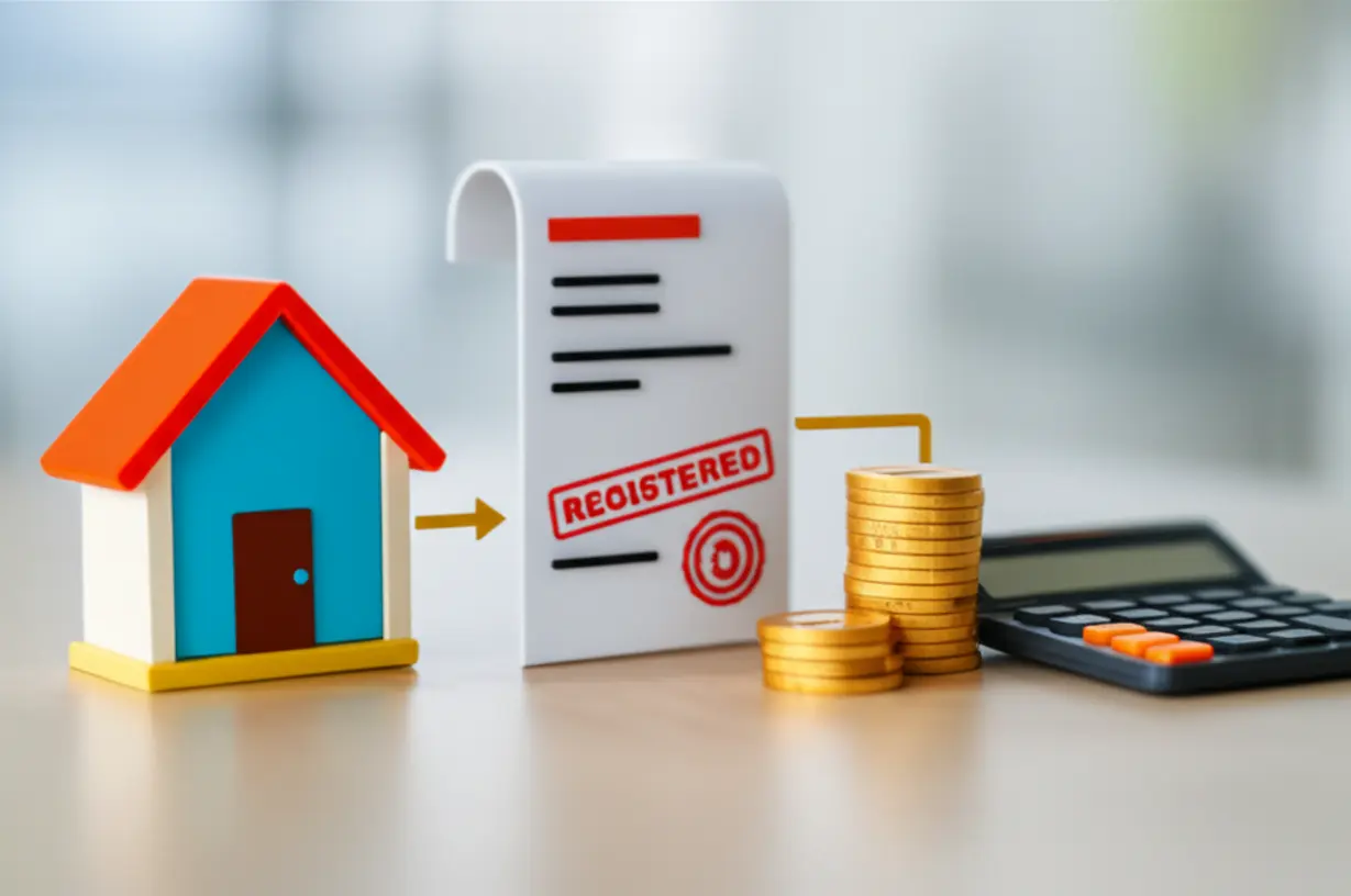 전세권-설정-절차와-비용을-보여주는-귀여운-3D-일러스트.-집에서-등기로,-그리고-비용-계산기로-이어지는-흐름을-시각적으로-표현하여-이해를-돕습니다.