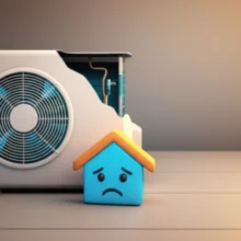 고장난-에어컨-앞에서-고민하는-집-모양-아이콘.-임대인의-에어컨-수리비-고민과-월세-전세-부동산-문제를-귀엽게-표현한-이미지.