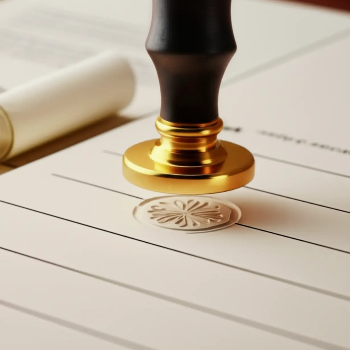 두루마리-문서-위에-공식적인-인장(도장)이-찍히는-귀여운-3D-이미지.-차용증-공증-절차를-상징하며,-법적-효력-강화를-위한-중요한-단계임을-보여줍니다.