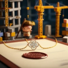 반짝이는-반클리프-스타일-목걸이가-자수서-위에-놓여있고,-배경에는-귀여운-건설-현장-모형이-보이는-이미지.-명품-논란과-건설사의-관계를-상징합니다.