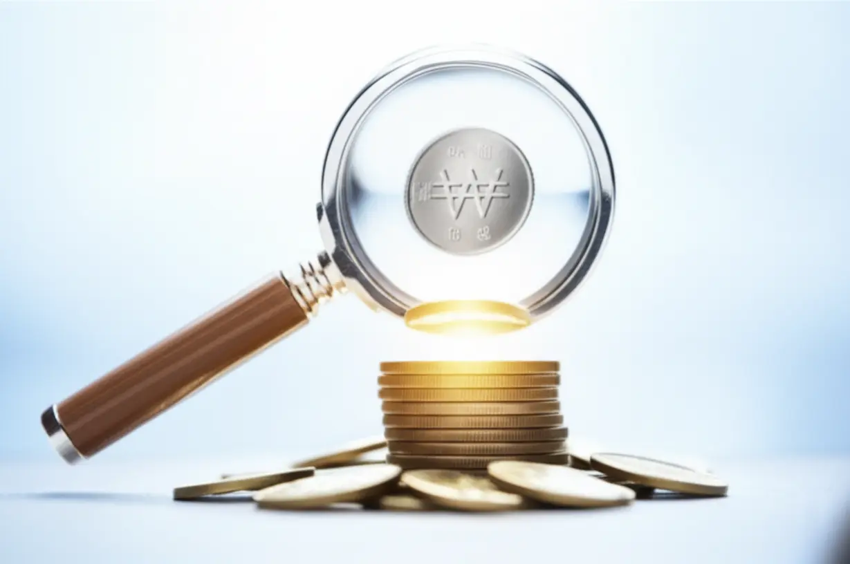 반짝이는-돋보기가-한국-원화-동전-더미-위에-놓여-있는-귀여운-3D-이미지입니다.-마치-최고의-금리를-찾아내는-과정을-보여주듯,-돈을-더-잘-살펴볼-수-있게-합니다.